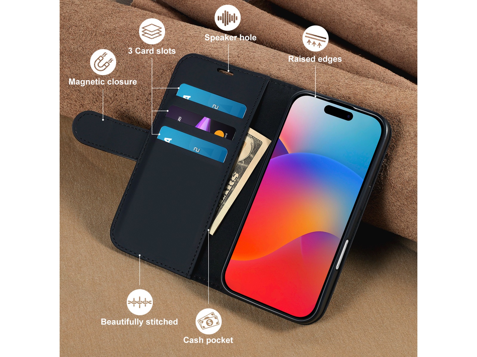 iiglo iPhone 16 Plånboksfodral (svart) Mobilskal