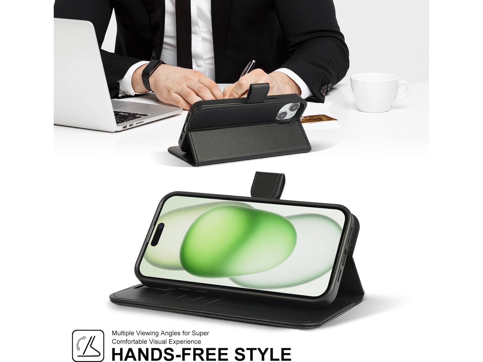 iiglo iPhone 15 Plus 2-i-1 Plånboksfodral (svart) Mobilskal