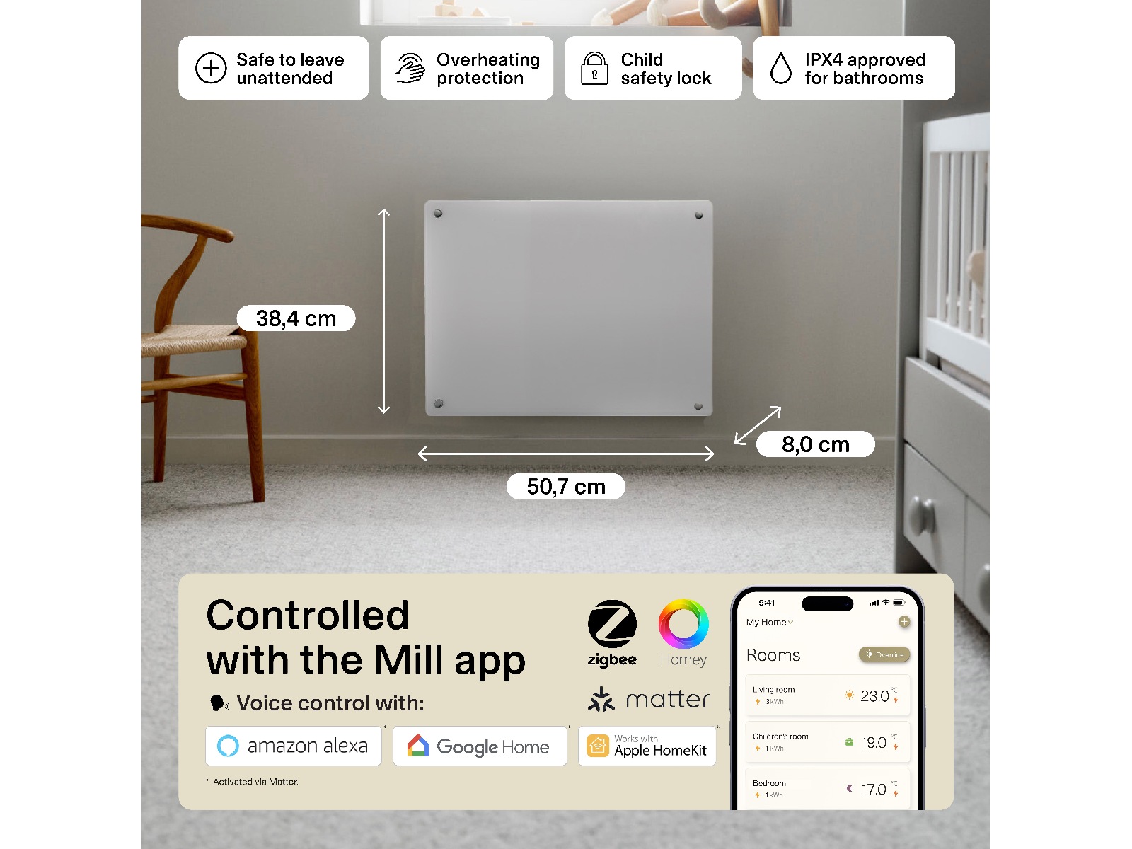 Mill Glass Smart WiFi Gen 4 panelugn 400W Panelelement