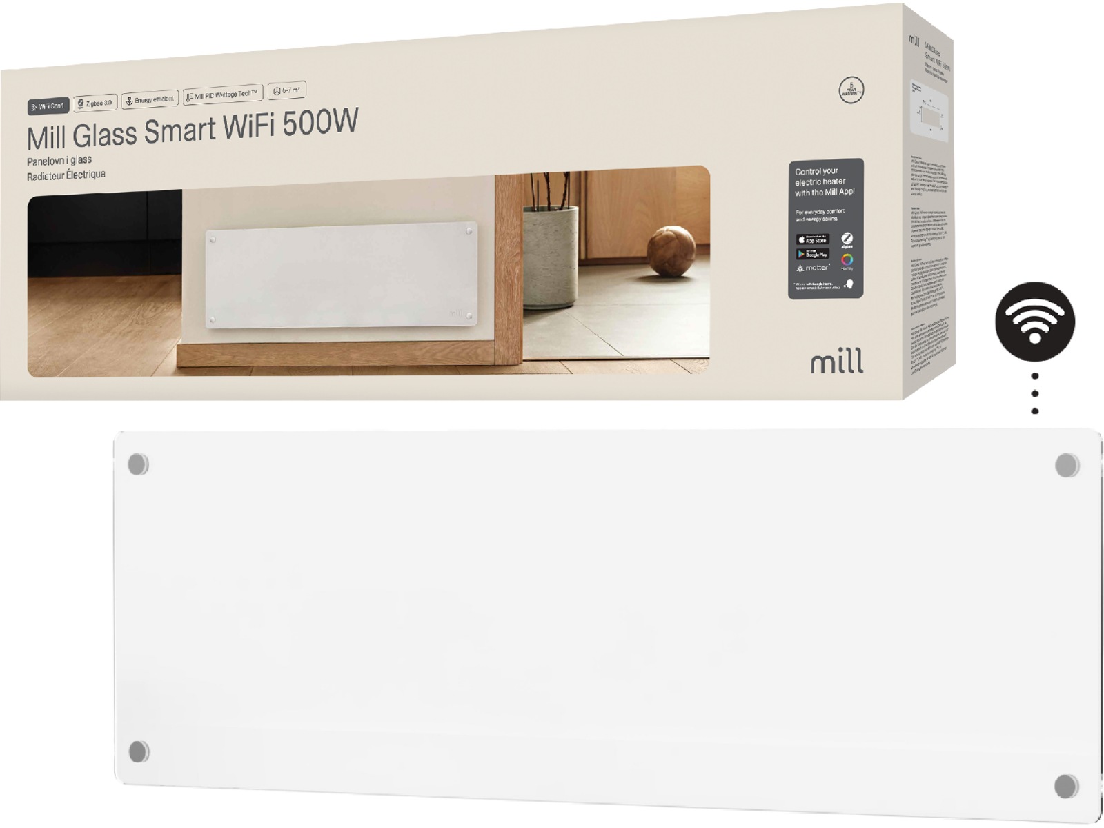 Mill Glass Smart WiFi Gen 4 panelugn 500W Panelelement