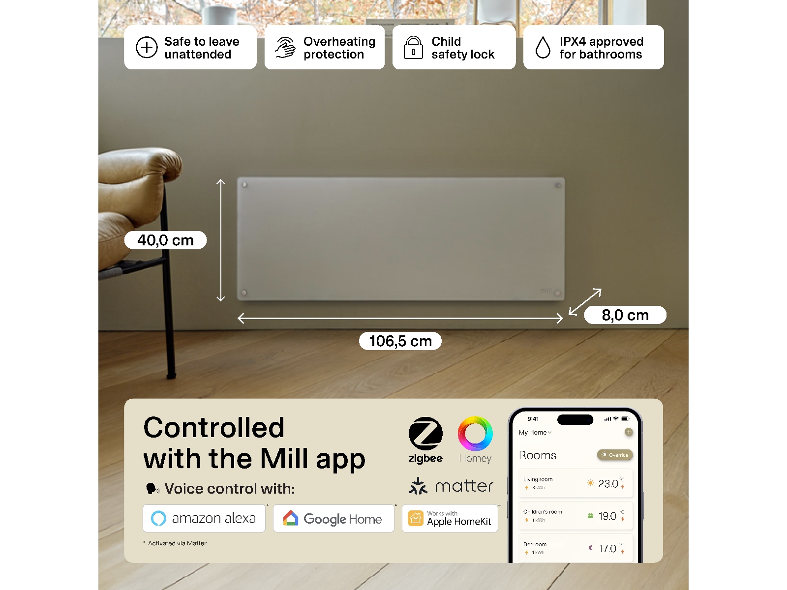 Mill Glass Smart WiFi Gen 4 panelugn 1300W (vit) Panelelement
