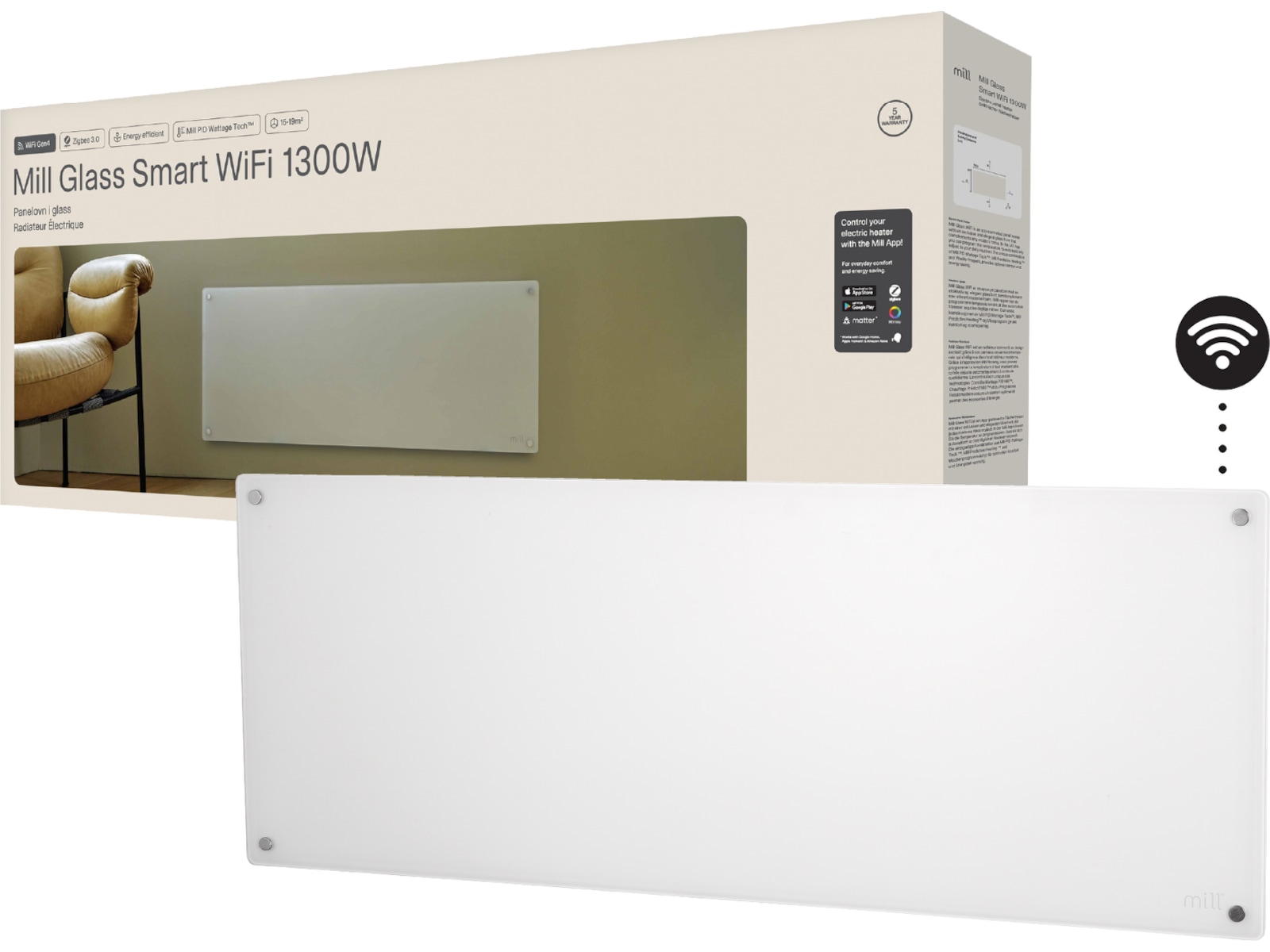 Mill Glass Smart WiFi Gen 4 panelugn 1300W (vit) Panelelement