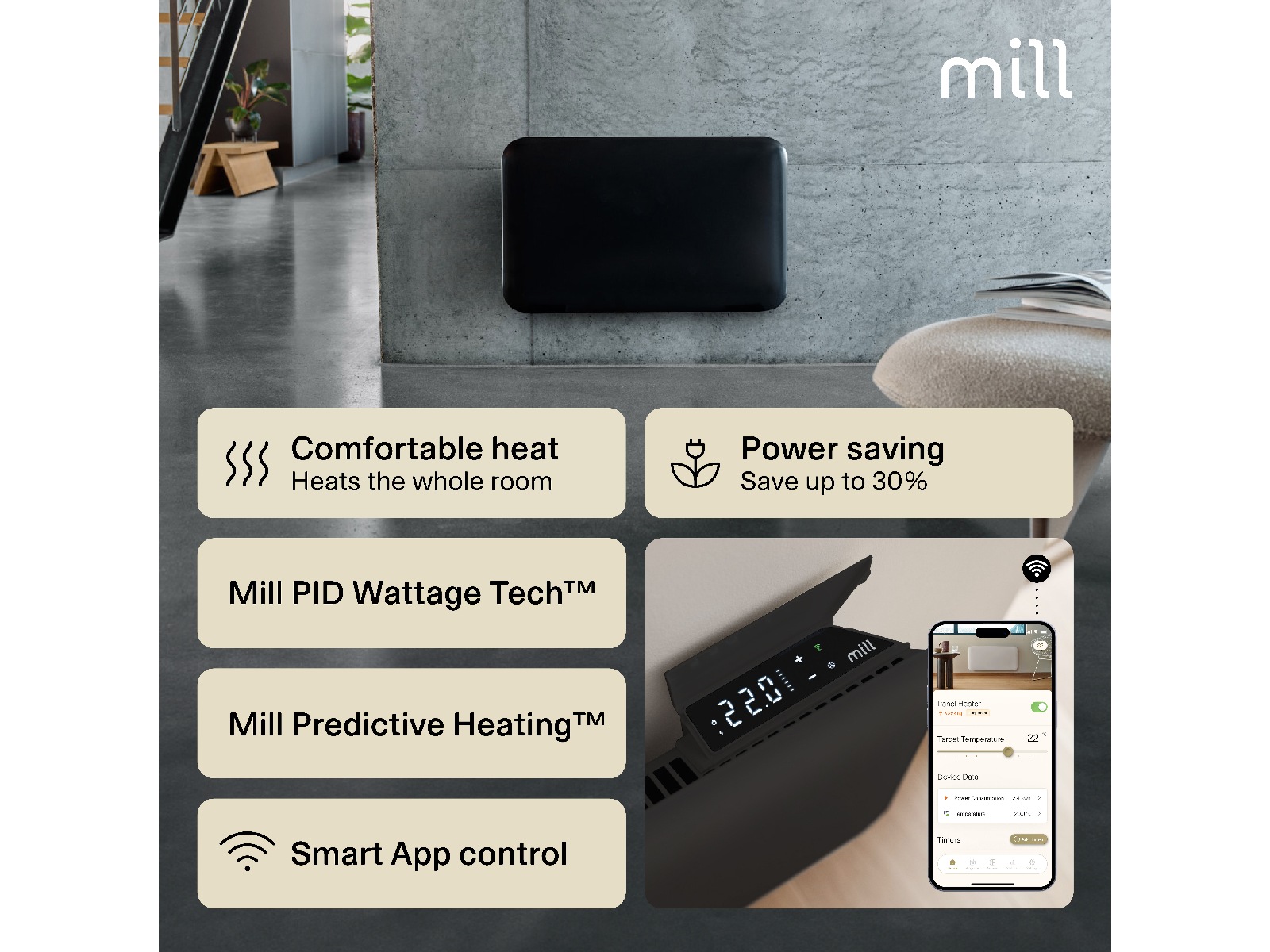 Mill Invisible Smart WiFi Gen 4 panelövn 700W (svart) Panelelement