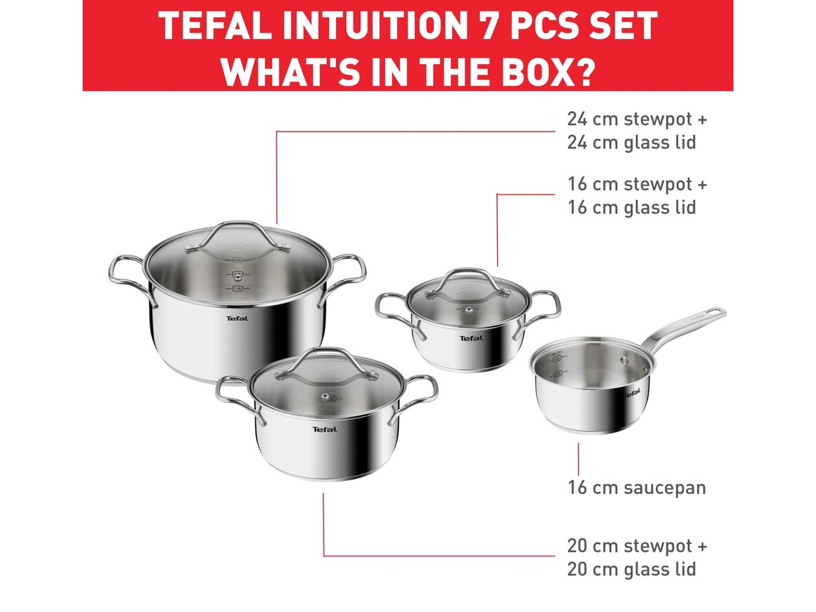 Tefal Intuition 7-delat kastrullset i obelagt rostfritt stål B864S734 Tillbehör till hällar, ugn och spis