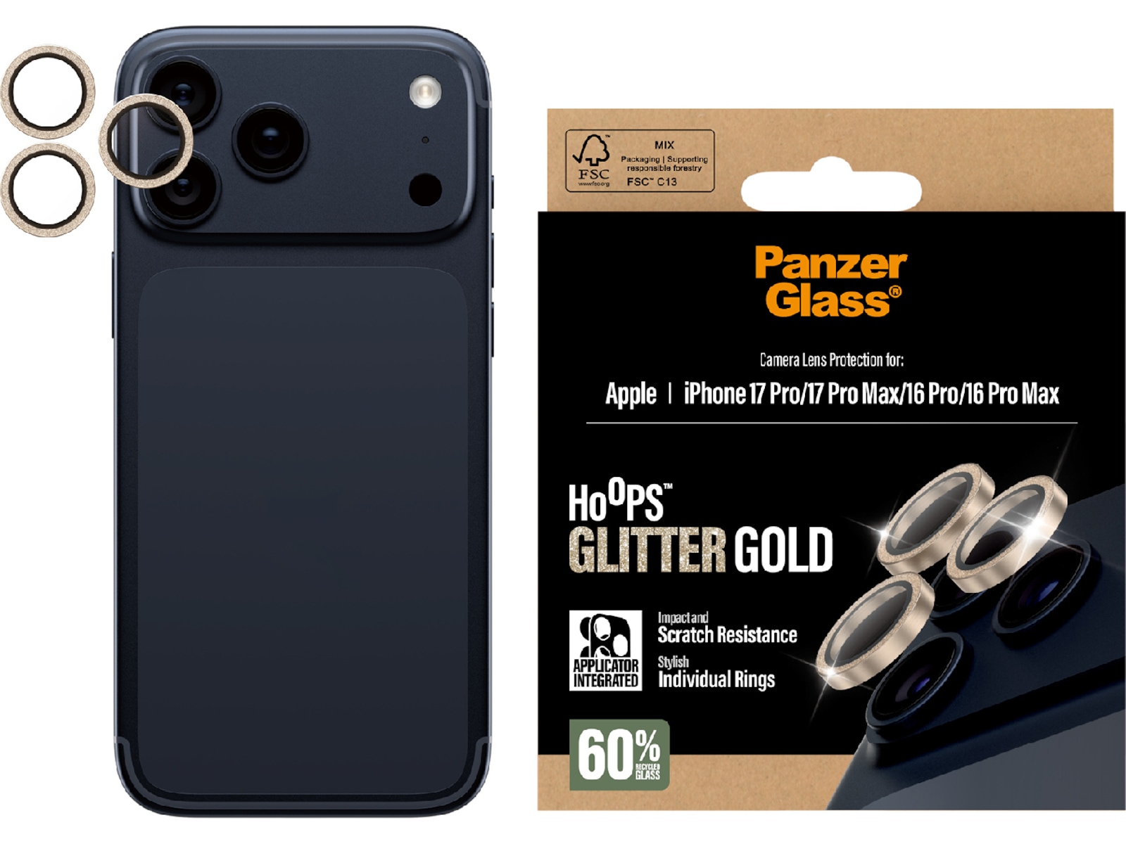 PanzerGlass iPhone 17 Pro / 17 Pro Max / 16 Pro / 16 Pro Max Hoops Linsskydd (glitter gold) Skärmskydd mobiltelefon