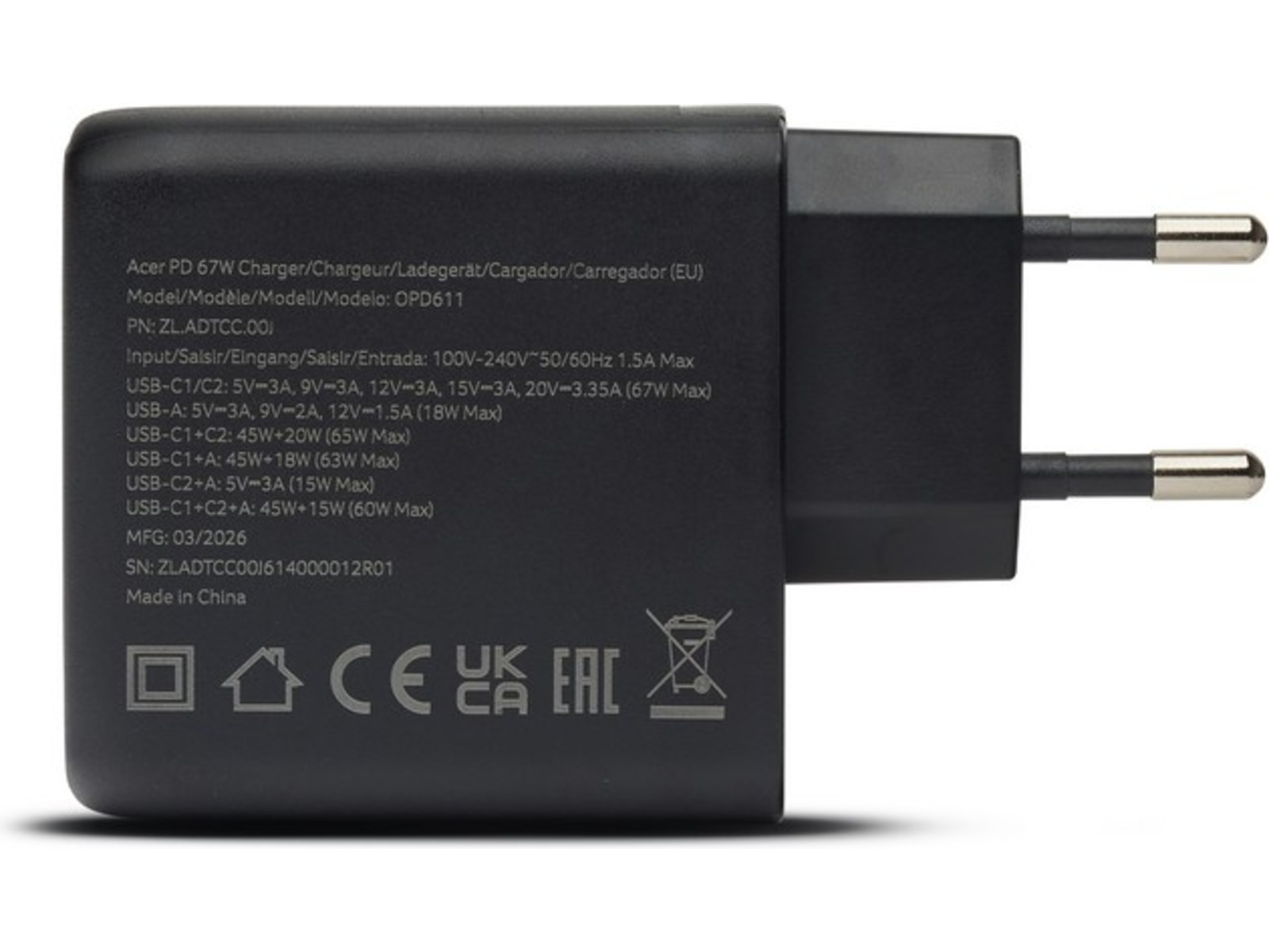 Acer 67W GaN PD-laddare med 3 portar Batteri och laddare