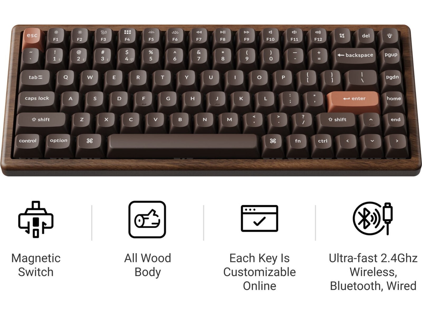 Keychron K2H-F1W-BO mekaniskt tangentbord 75% trådlöst (valnöt) Gamingtangentbord