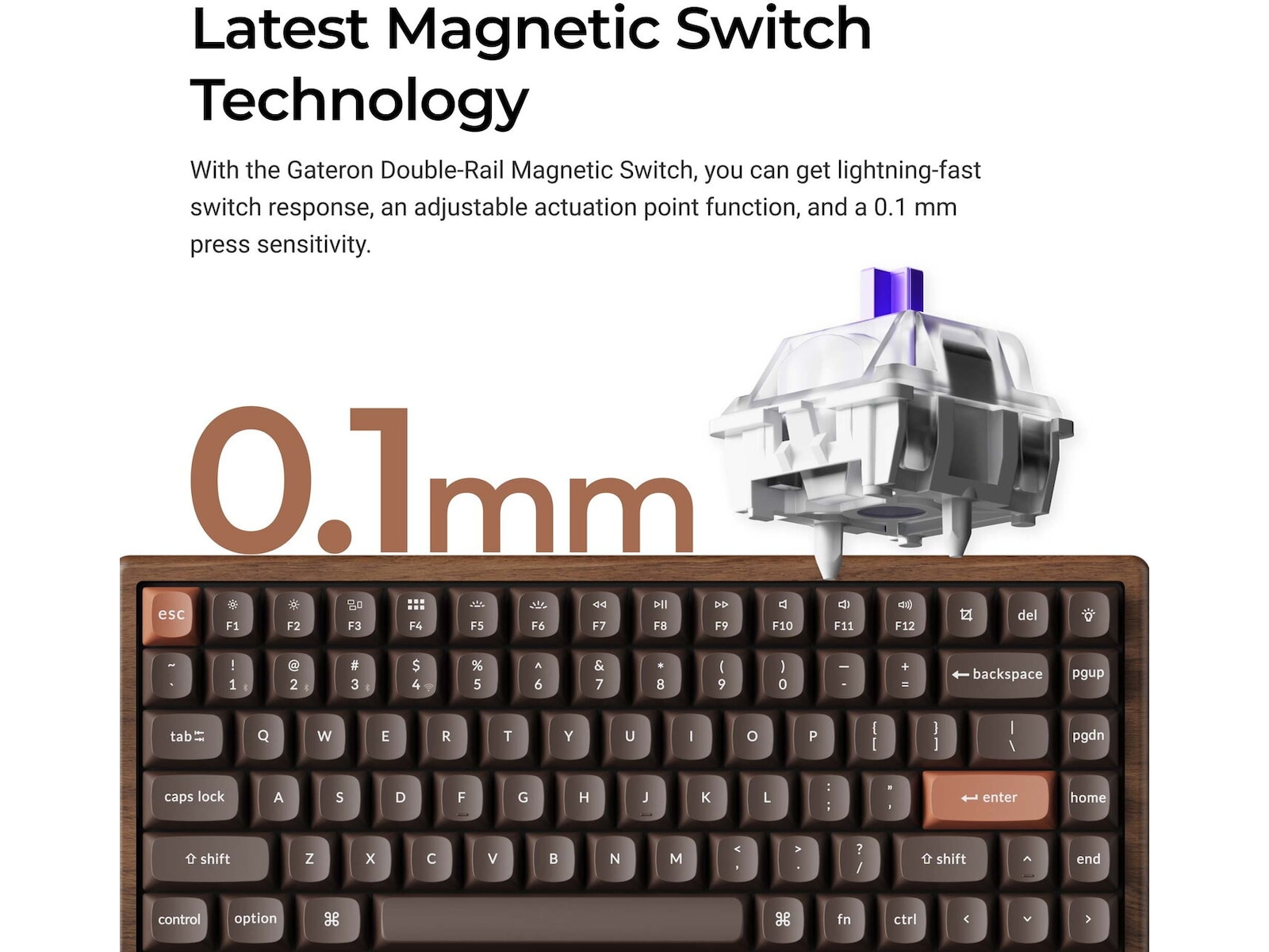 Keychron K2H-F1W-BO mekaniskt tangentbord 75% trådlöst (valnöt) Gamingtangentbord