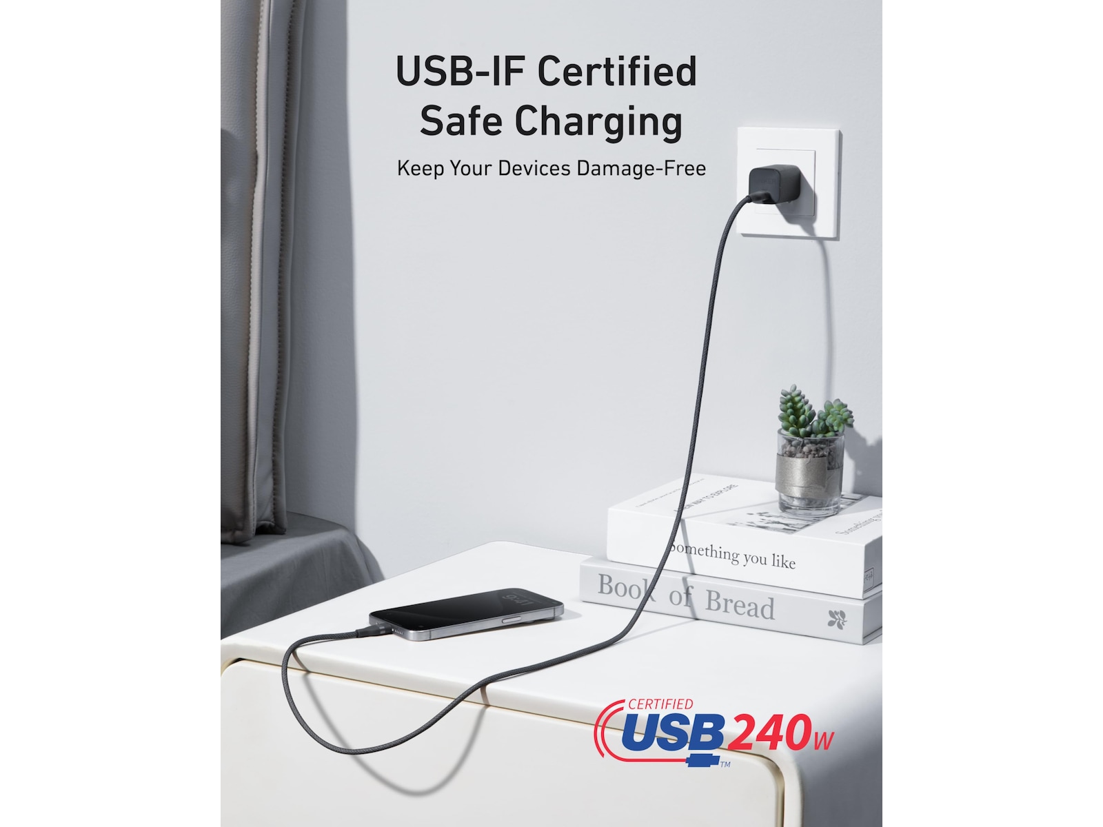 Anker 240W USB-C flätat kabel 1,8m (vit) USB-kablar