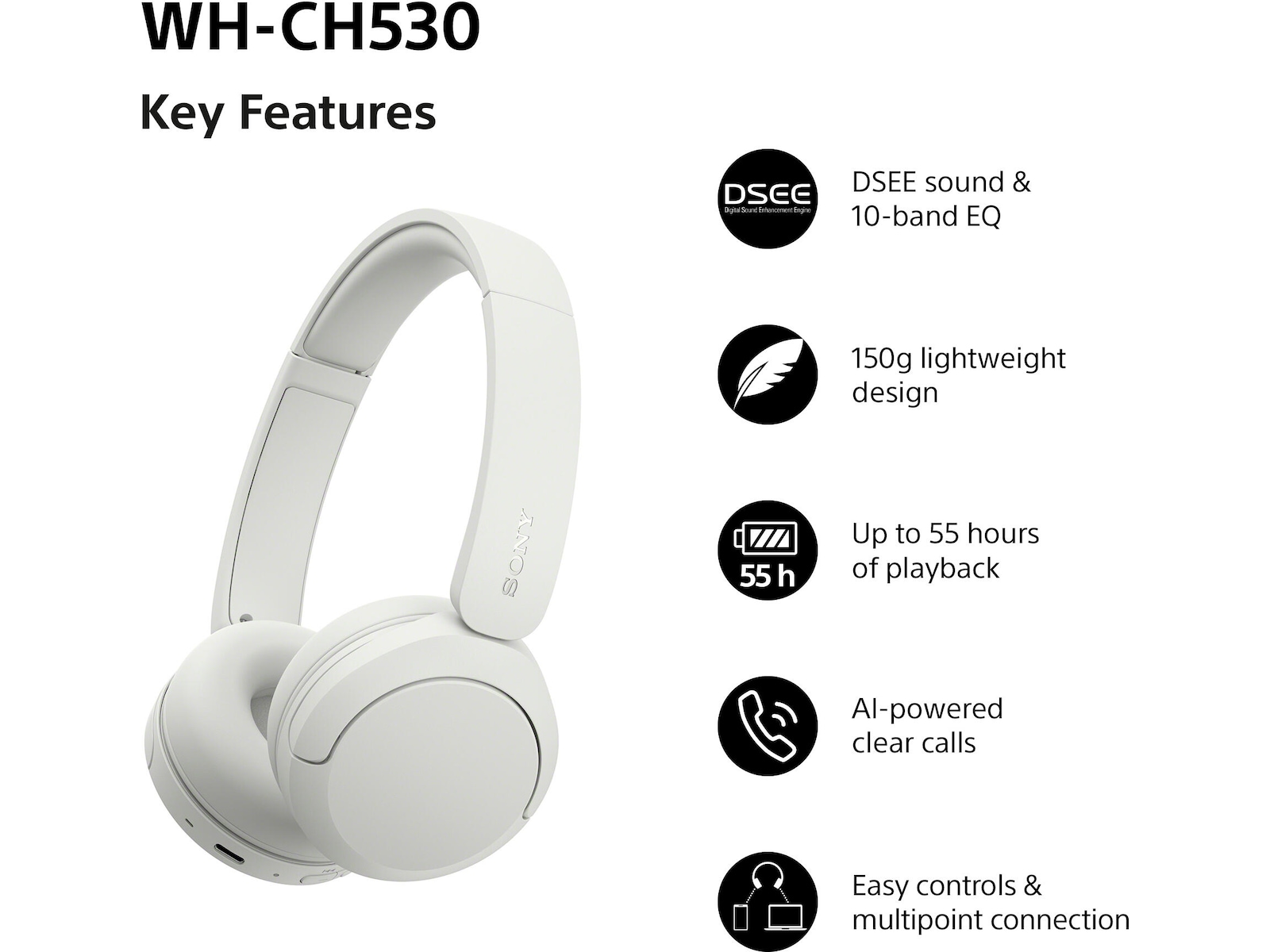 Sony WH-CH530 Trådlösa Bluetooth Hörlurar (vit) Hörlurar