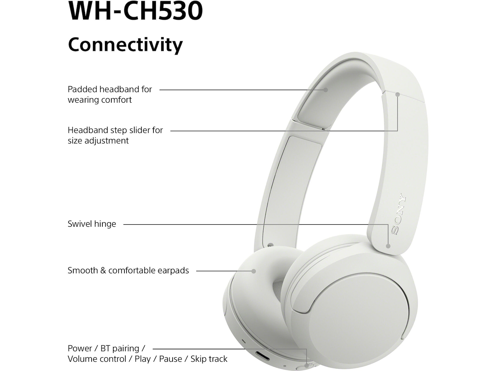 Sony WH-CH530 Trådlösa Bluetooth Hörlurar (vit) Hörlurar