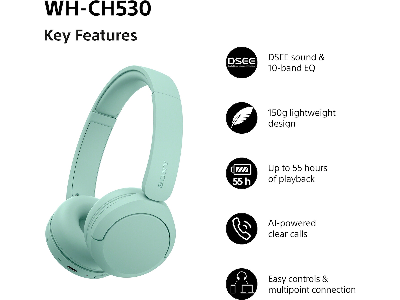 Sony WH-CH530 Trådlösa Bluetooth Hörlurar (mint) Hörlurar