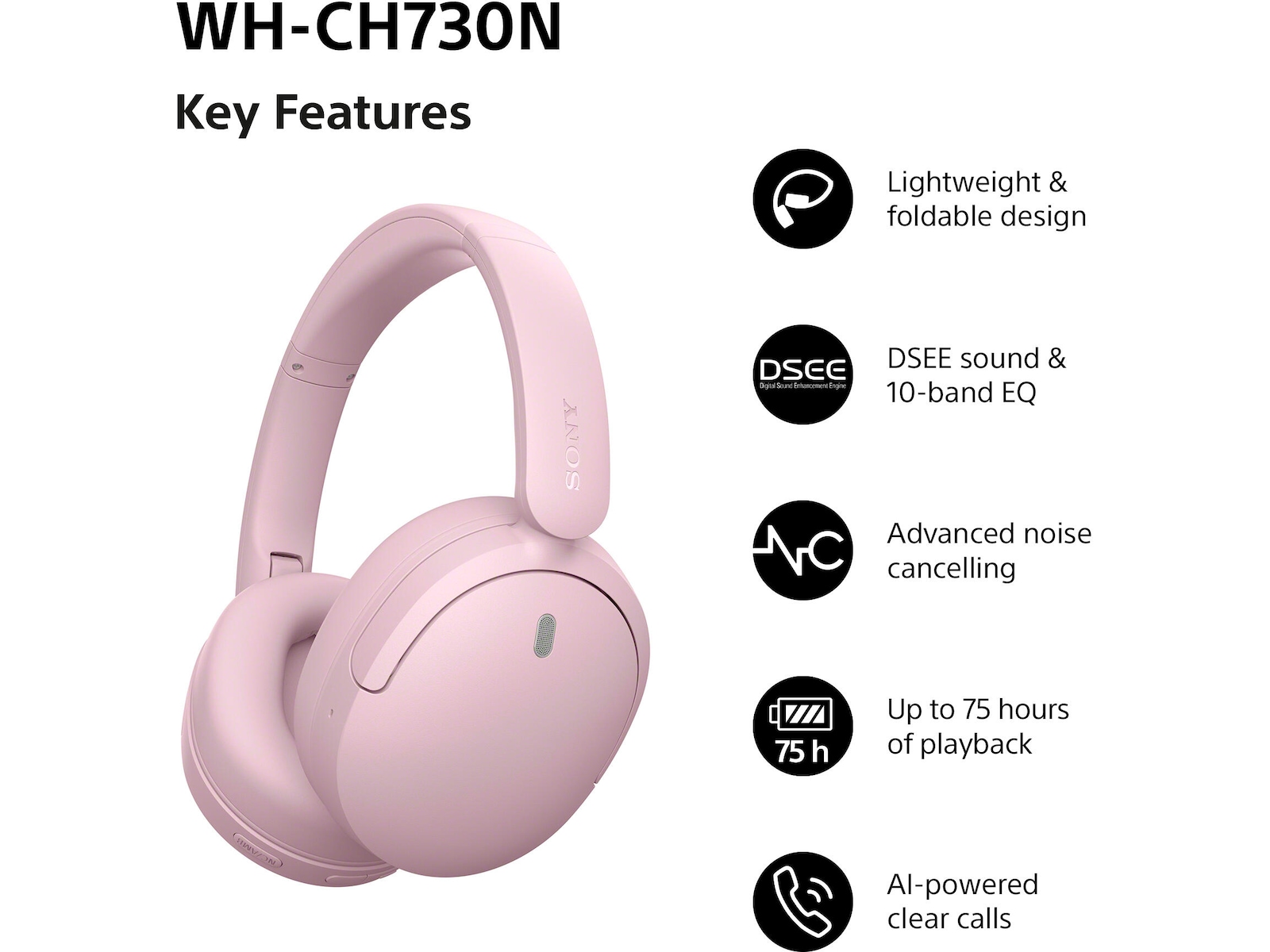 Sony WH-CH730N Trådlösa Brusreducerande Hörlurar (rosa) Hörlurar