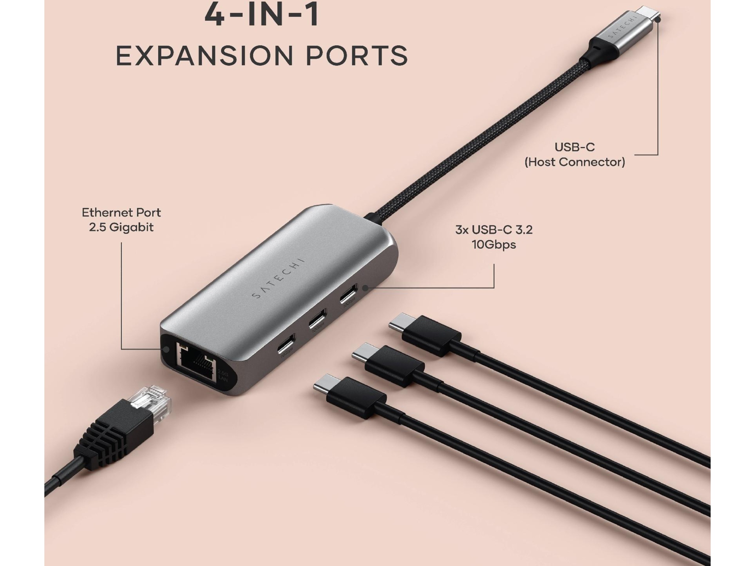 Satechi 4-in-1 USB-C och Ethernet docking (rymdgrå) Dockningsstation och USB-hub