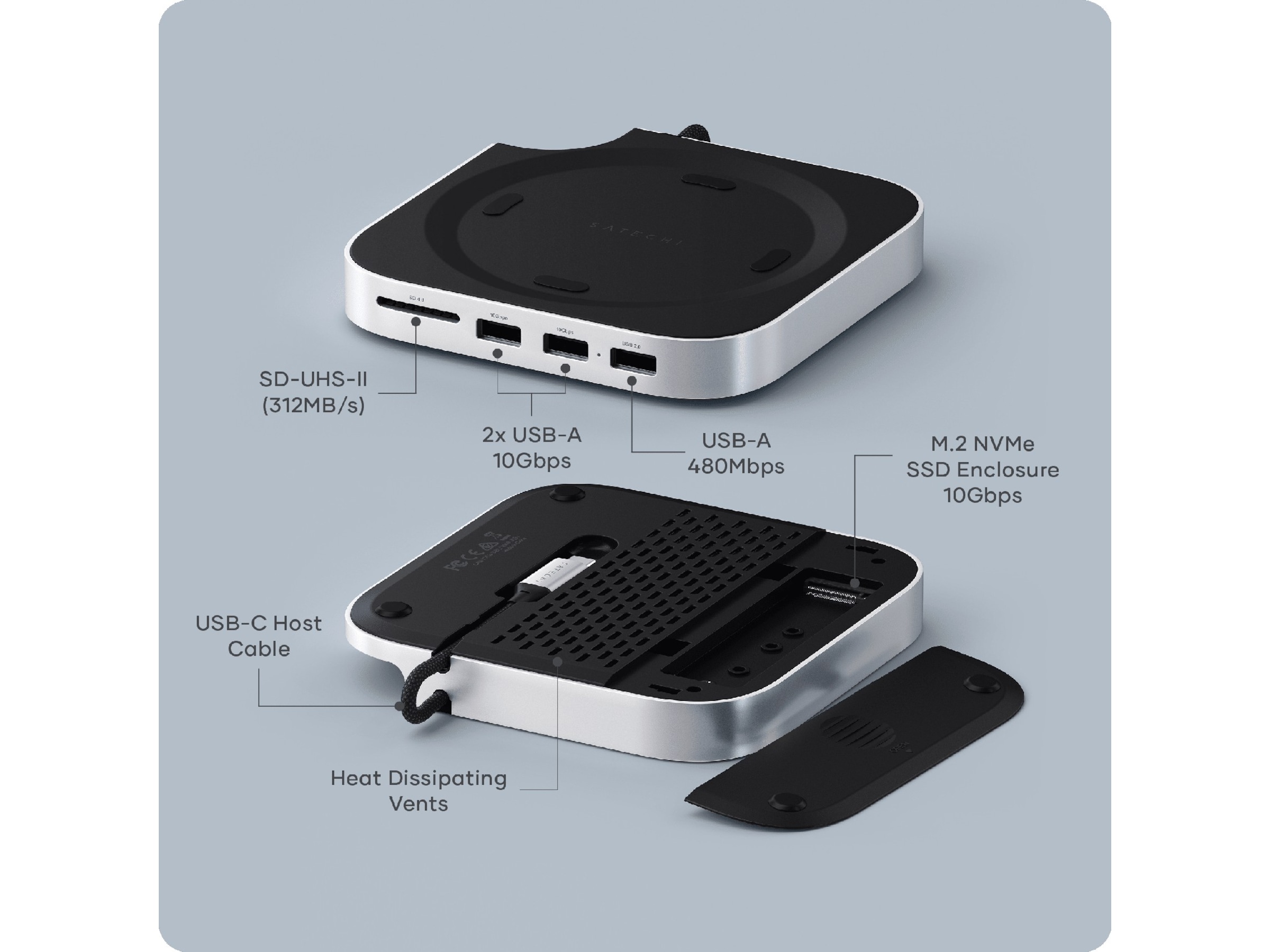 Satechi Mac Mini M4 Stand & Hub (silver) Dockningsstation och USB-hub