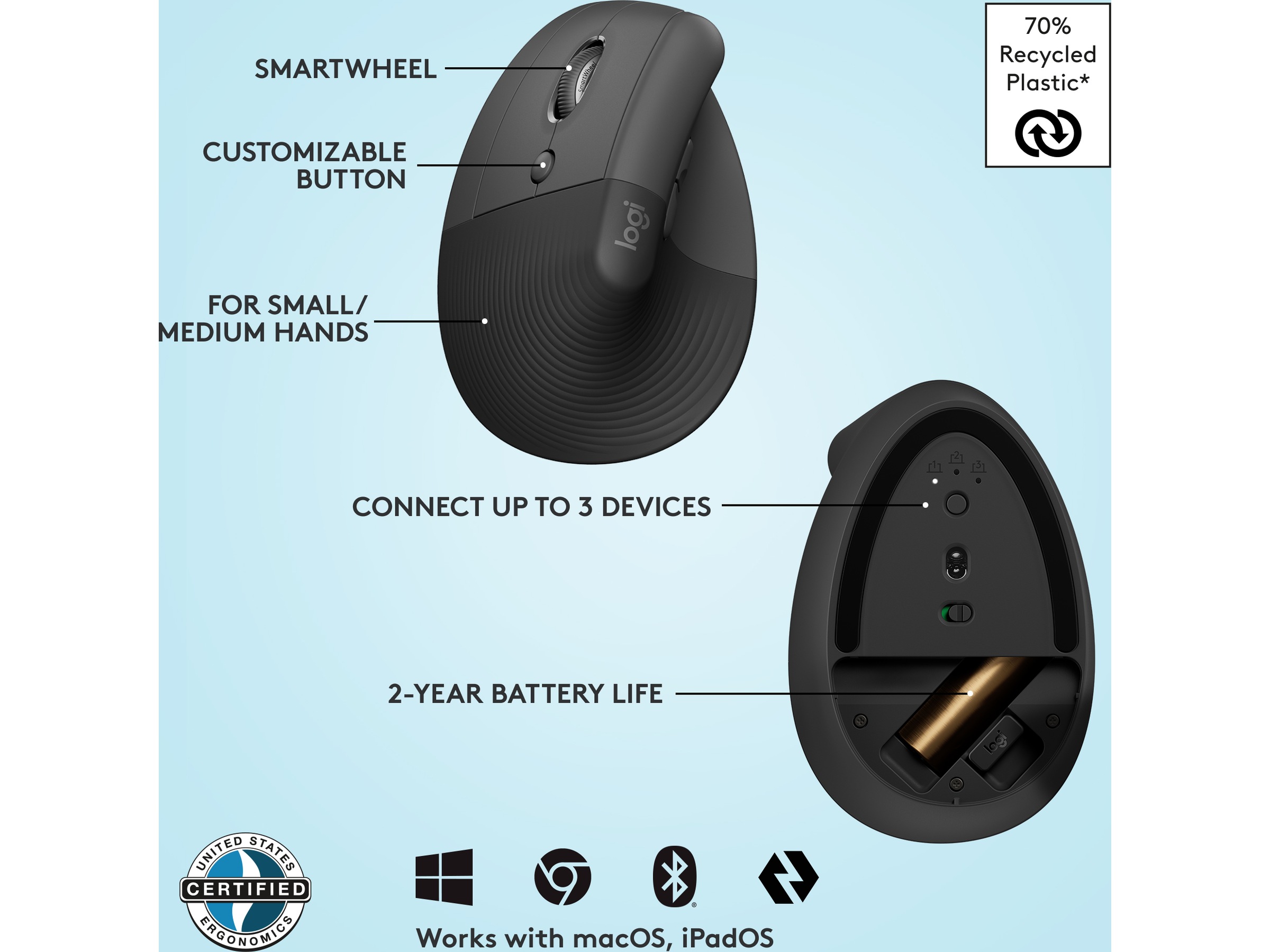 Logitech Lift Vertikal Vänster mus (graphite) Mus