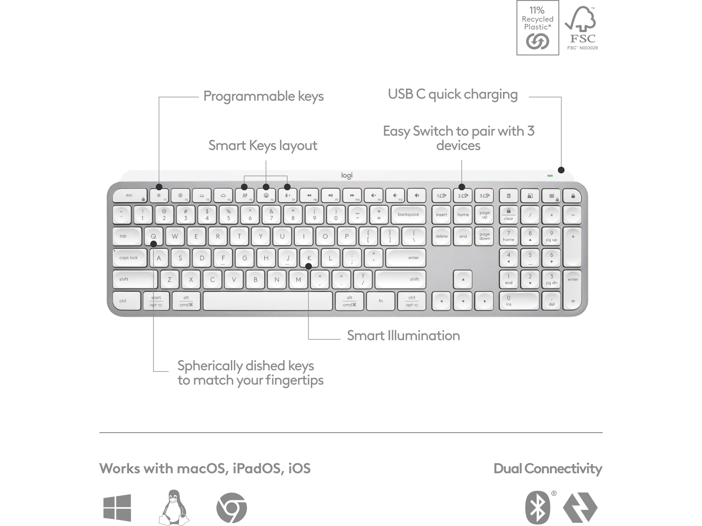 Logitech MX Keys S trådlöst tangentbord (pale grey) Tangentbord