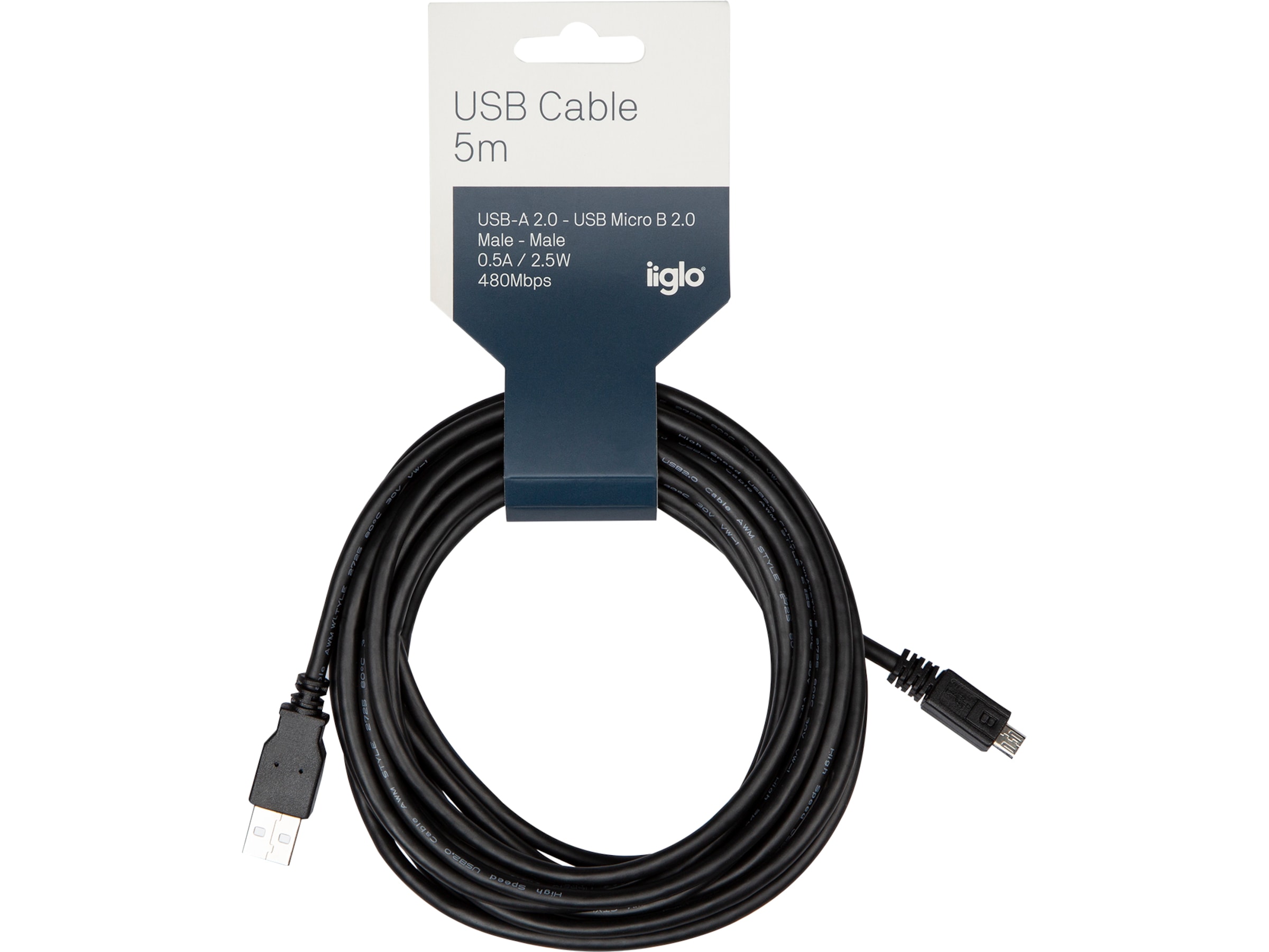 USB-A till USB Micro-B kabel 5m (svart) USB-kablar