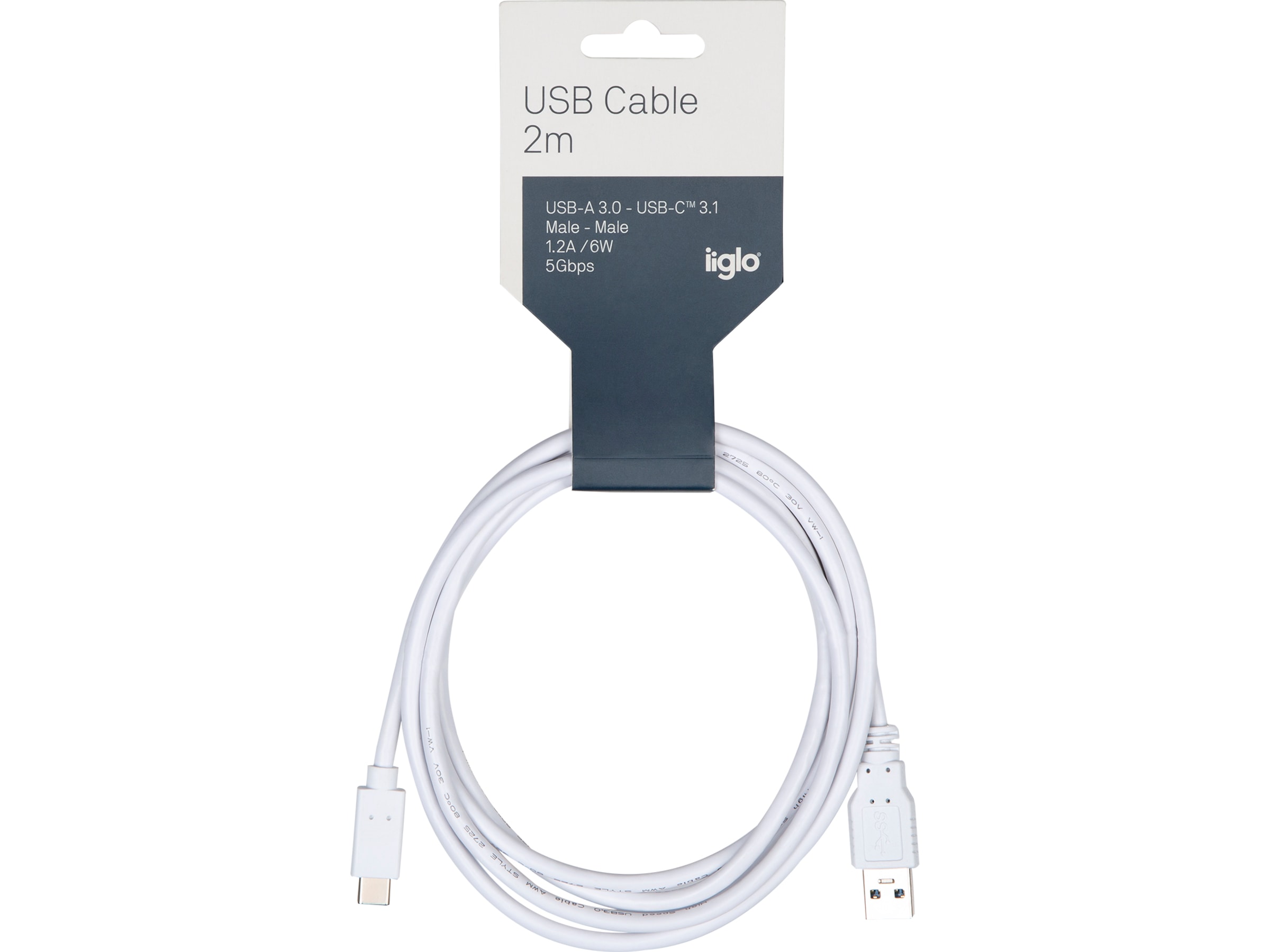 USB-A till USB-C kabel 2m (vit) USB-kablar