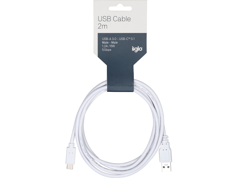 USB-A till USB-C kabel 2m (vit) USB-kablar