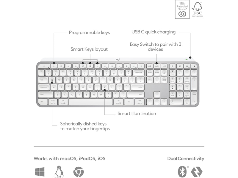 Logitech MX Keys S trådlöst tangentbord (pale grey) Tangentbord