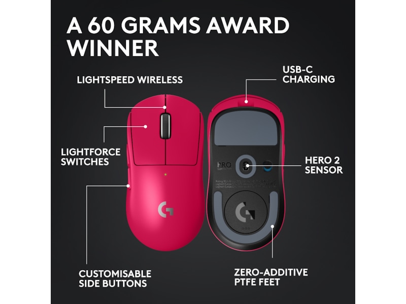 Logitech G Pro X Superlight 2 Lightspeed Trådlös Gamingmus (Magenta) Gamingmus