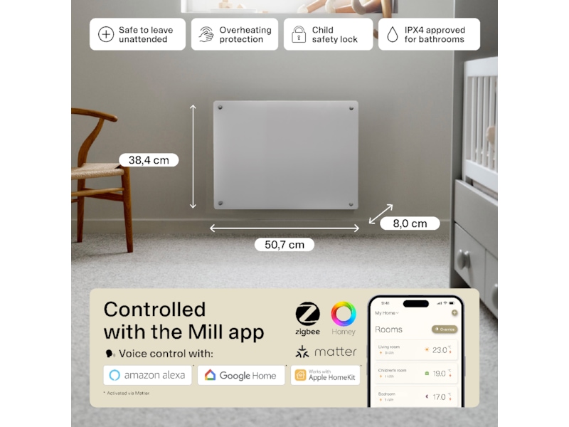 Mill Glass Smart WiFi Gen 4 panelugn 400W Panelelement
