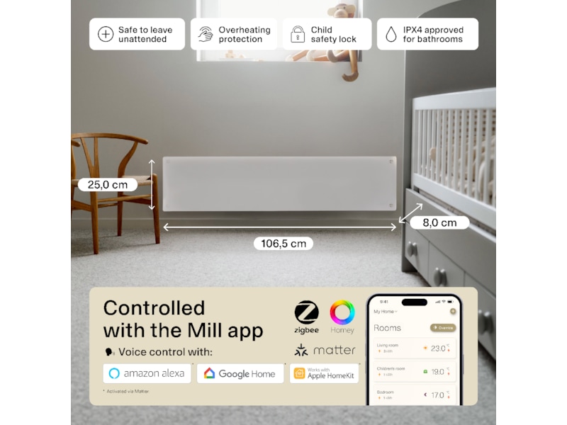 Mill Glass Smart WiFi Gen 4 panelugn 850W Panelelement