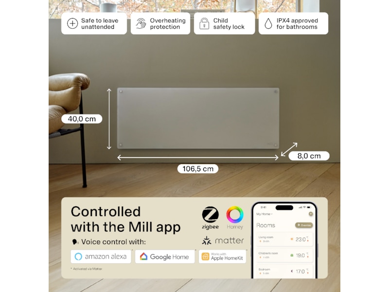 Mill Glass Smart WiFi Gen 4 panelugn 1300W (vit) Panelelement