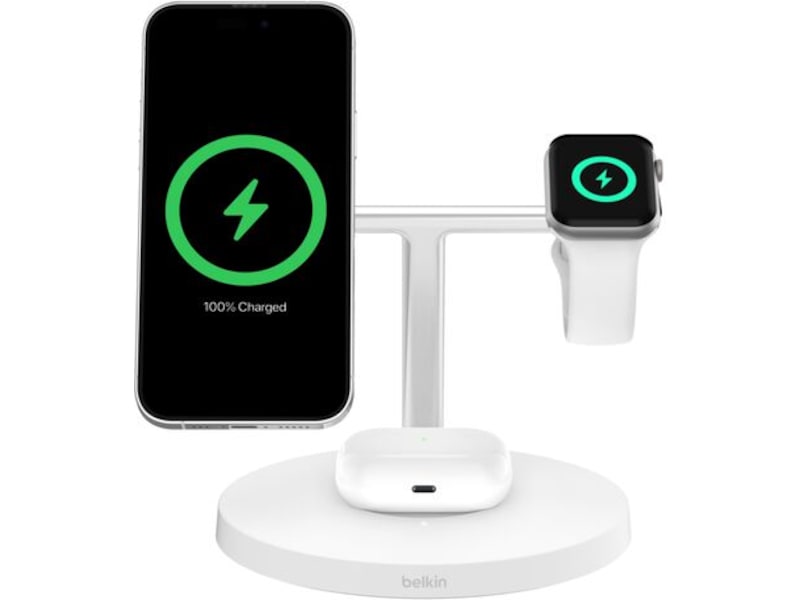 Belkin 3-in-1 Qi2 15W Laddställ (vit) Trådlös laddare