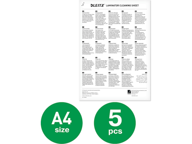 Leitz rengöringsark till lamineringsmaskin, paket med 5 ark Tillbehör