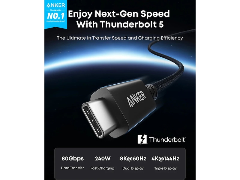 Anker Prime 240W USB-C till Thunderbolt 5 kabel 0,5m (svart) USB-kablar