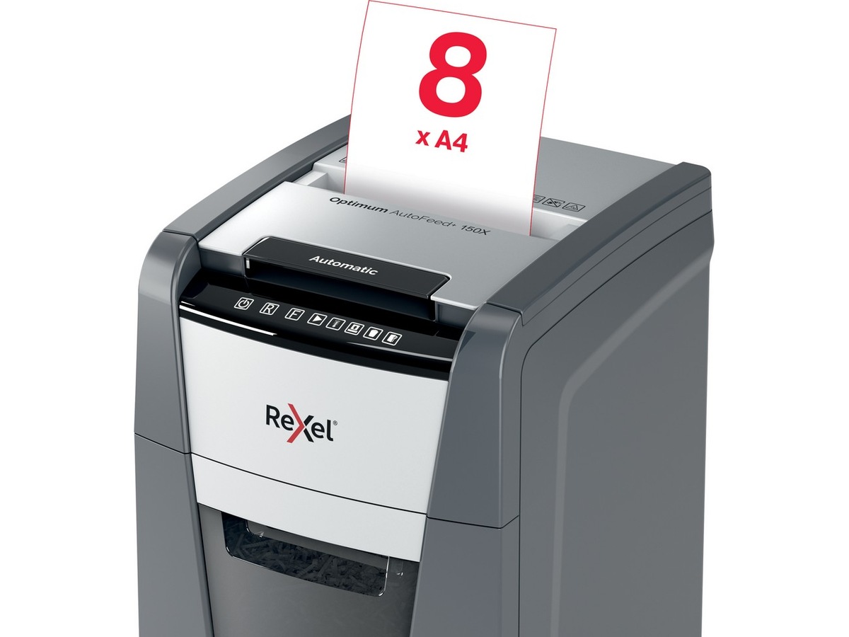 Rexel dokumentforstörare Optimum AutoFeed+ 150X auto korsklippning P4 Dokumentförstörare