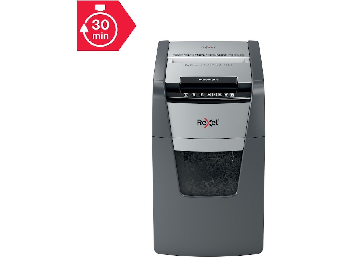Rexel dokumentforstörare Optimum AutoFeed+ 150X auto korsklippning P4 Dokumentförstörare