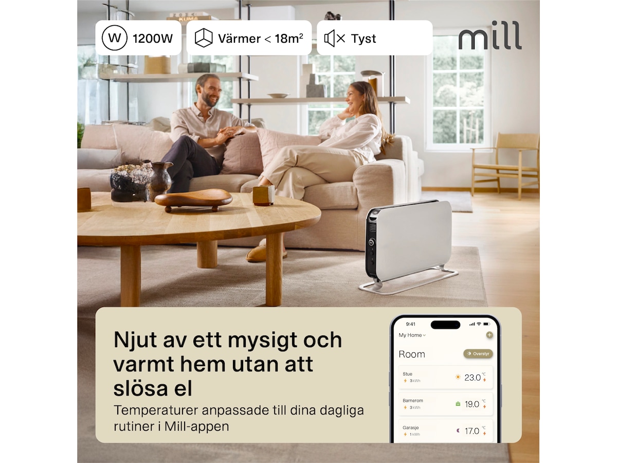 Mill WiFi golvelement 1200W (vit) Fristående element