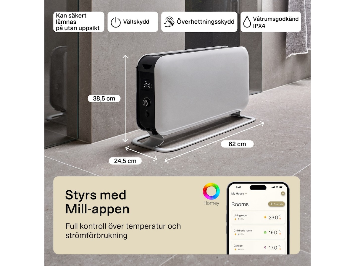 Mill Max WiFi golvelement 1500W (vit) Fristående element