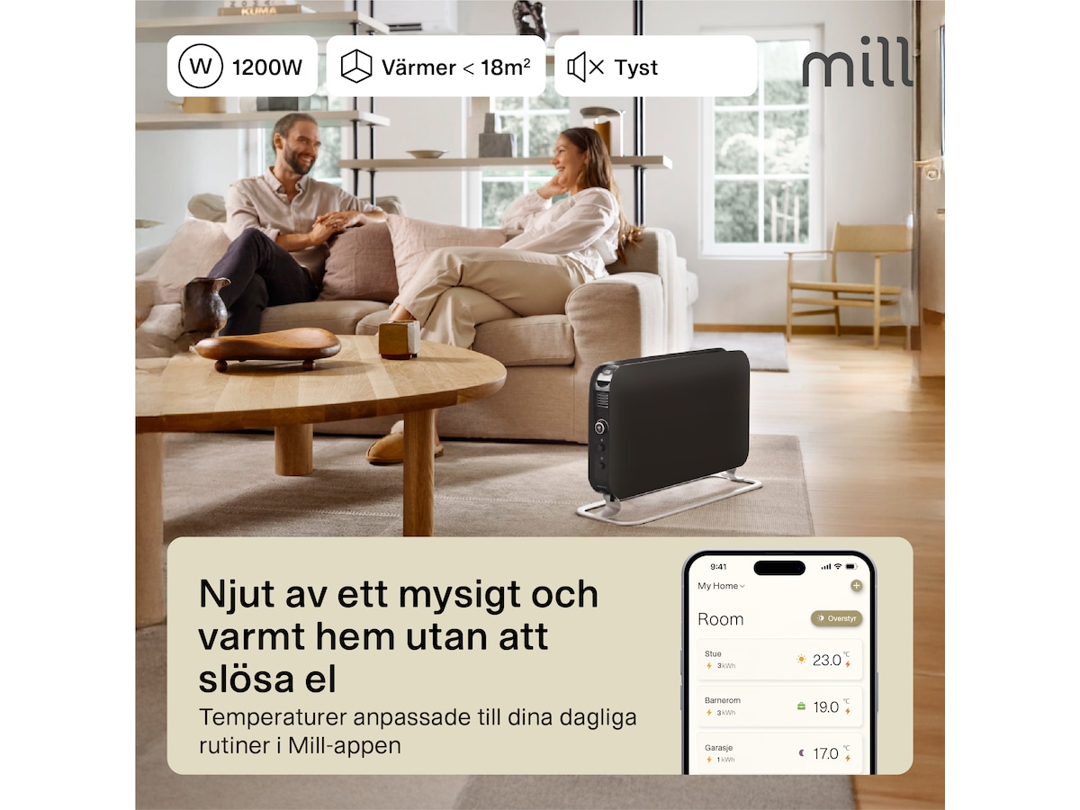 Mill WiFi golvelement 1200W (svart) 2-pack Fristående element