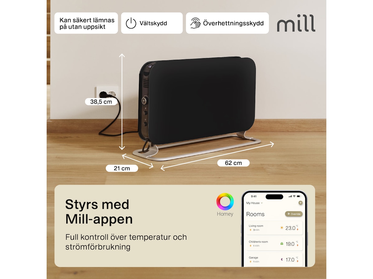 Mill WiFi golvelement 1200W (svart) 2-pack Fristående element
