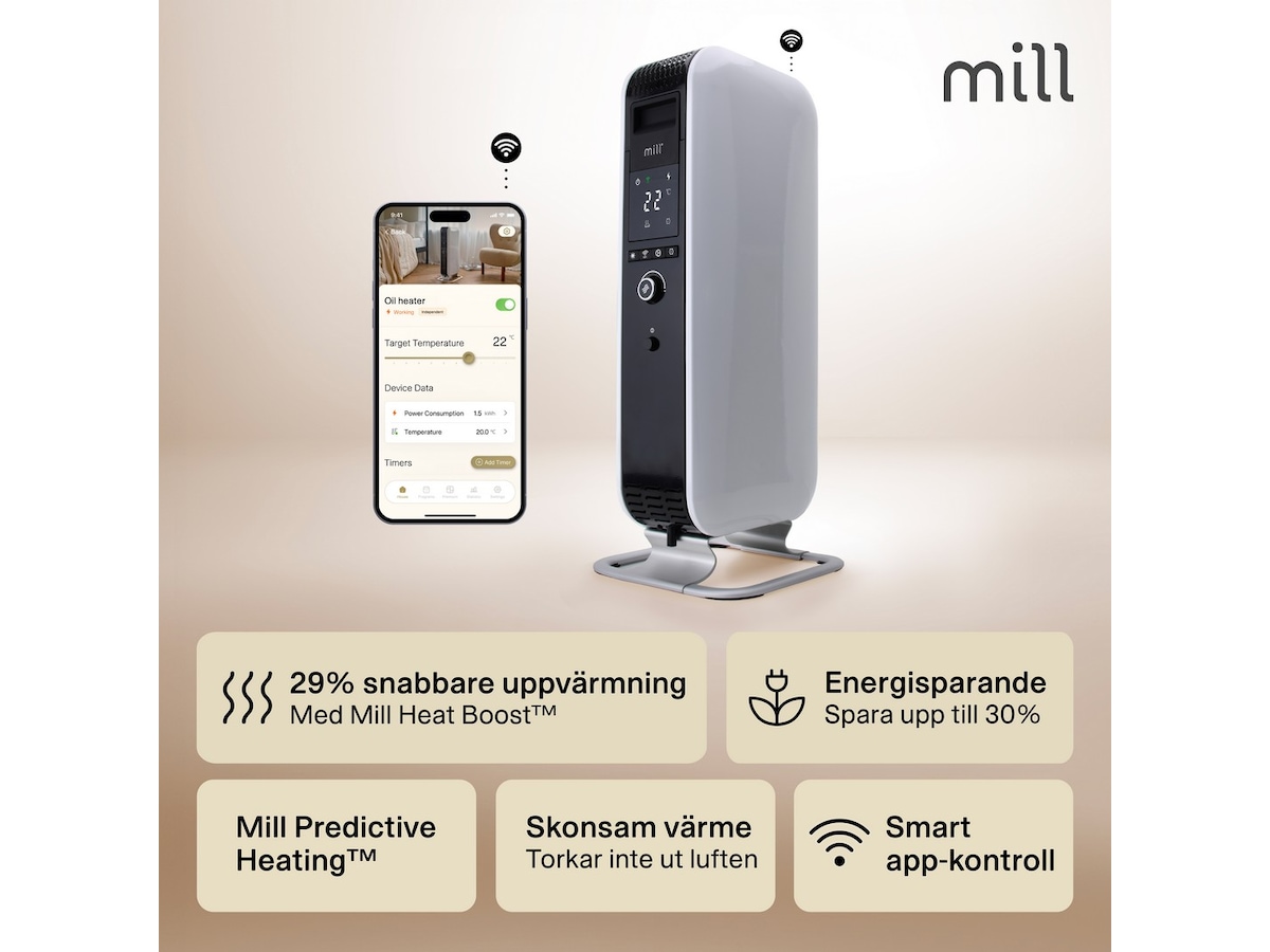 Mill Gentle Air WiFi oljeugn 1500W (vit) Fristående element