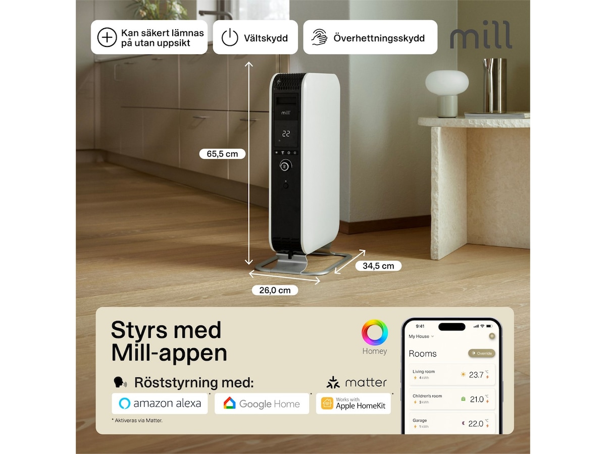Mill Gentle Air WiFi oljeugn 1500W (vit) Fristående element