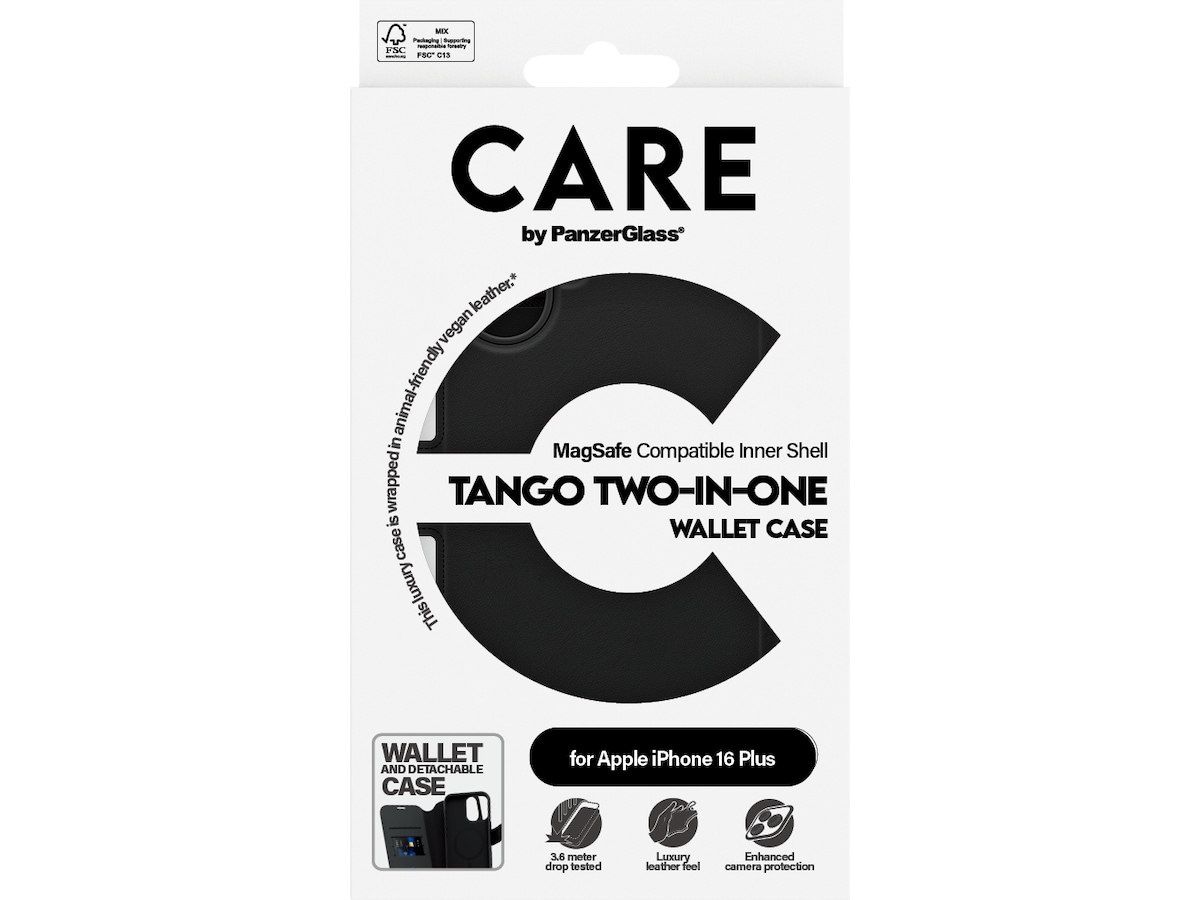 PanzerGlass CARE iPhone 16 Plus Tango 2-i-1 Plånboksfodral (svart) Mobilskal