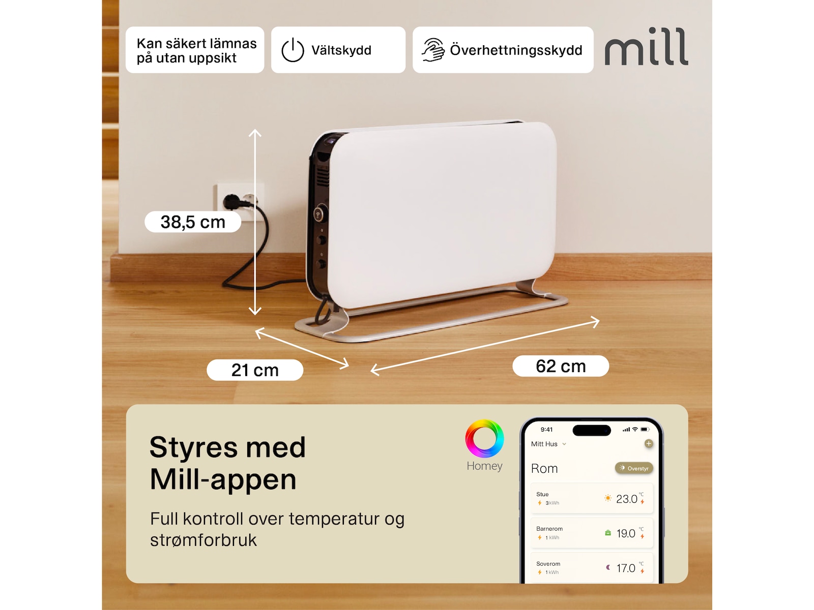 Mill WiFi golvelement 1200W (vit) Fristående element
