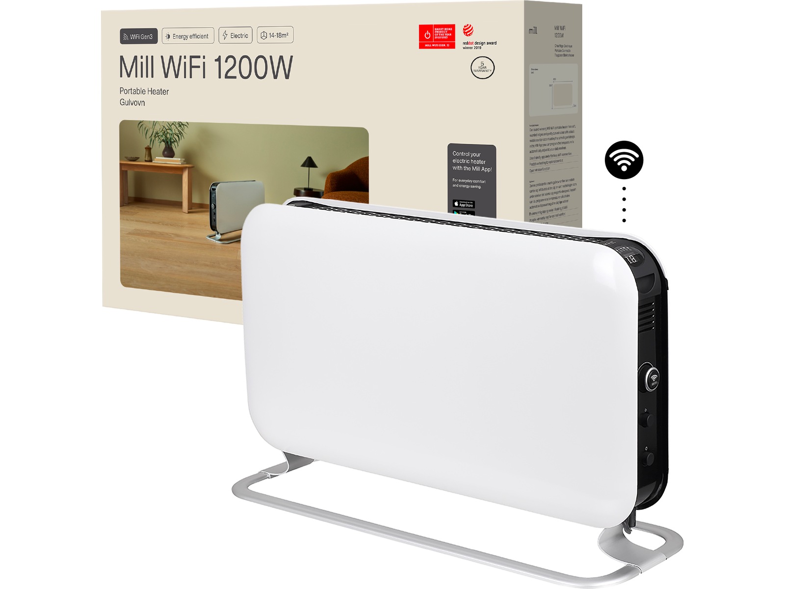 Mill WiFi golvelement 1200W (vit) Fristående element