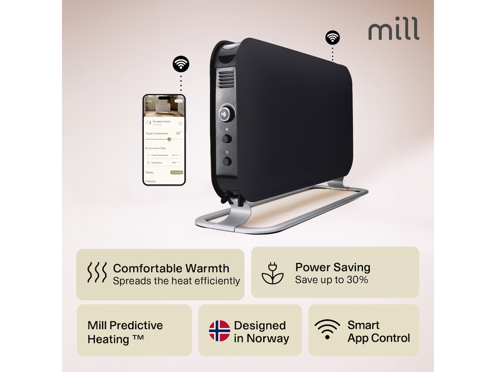 Mill WiFi golvelement 1200W (svart) 2-pack Fristående element