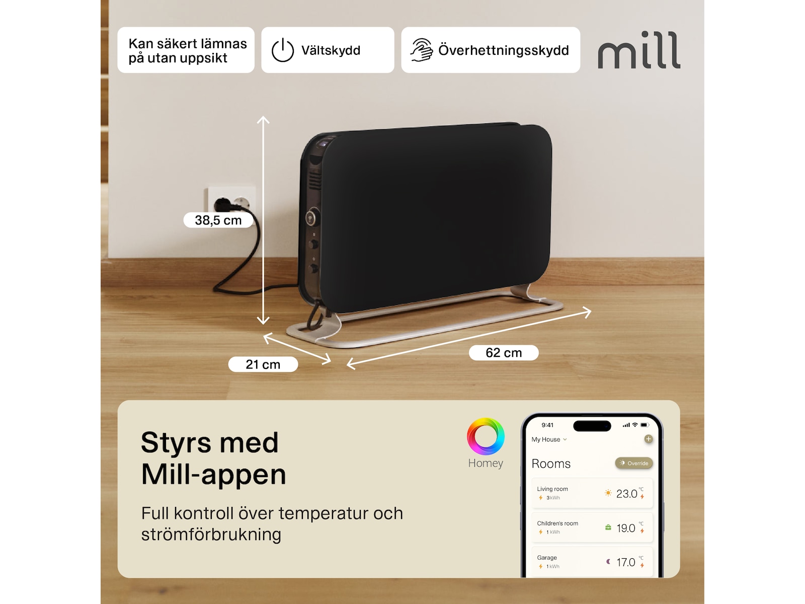 Mill WiFi golvelement 1200W (svart) 2-pack Fristående element