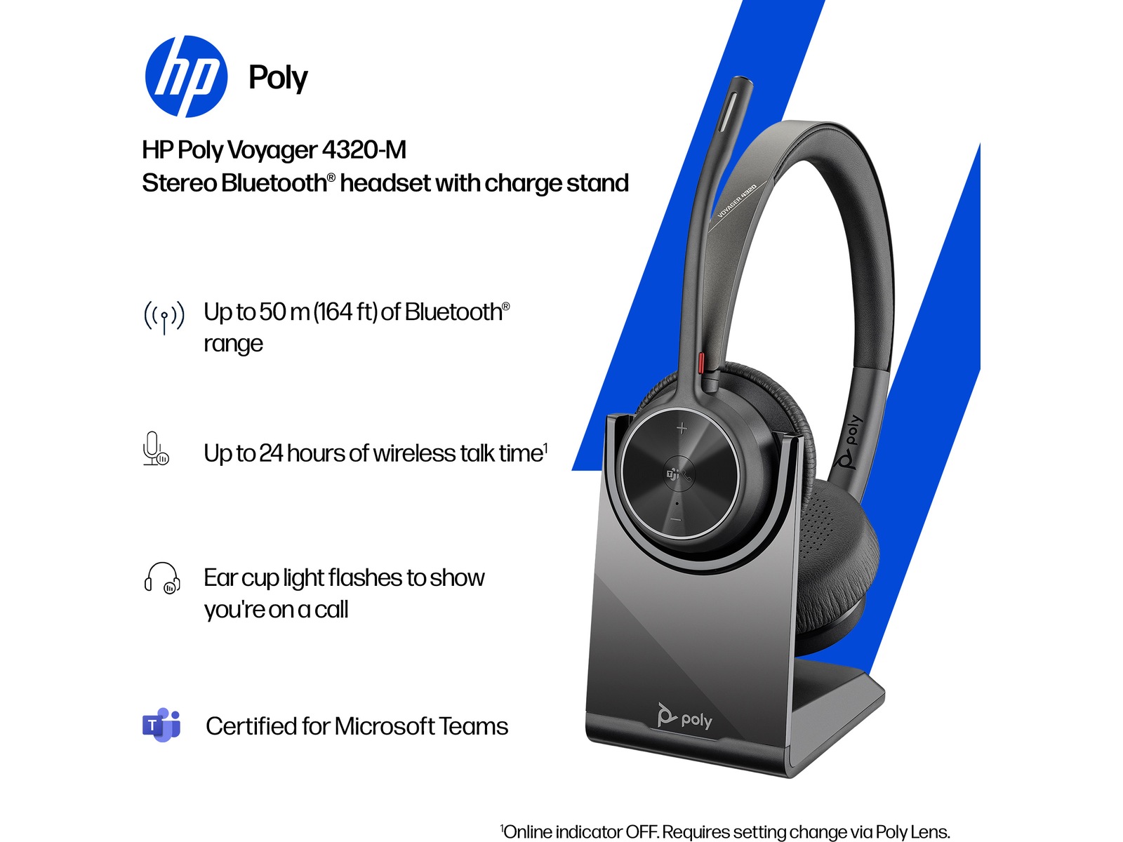 Poly Voyager 4320-M MS USB-C Headset med laddningsställ Trådlöst headset