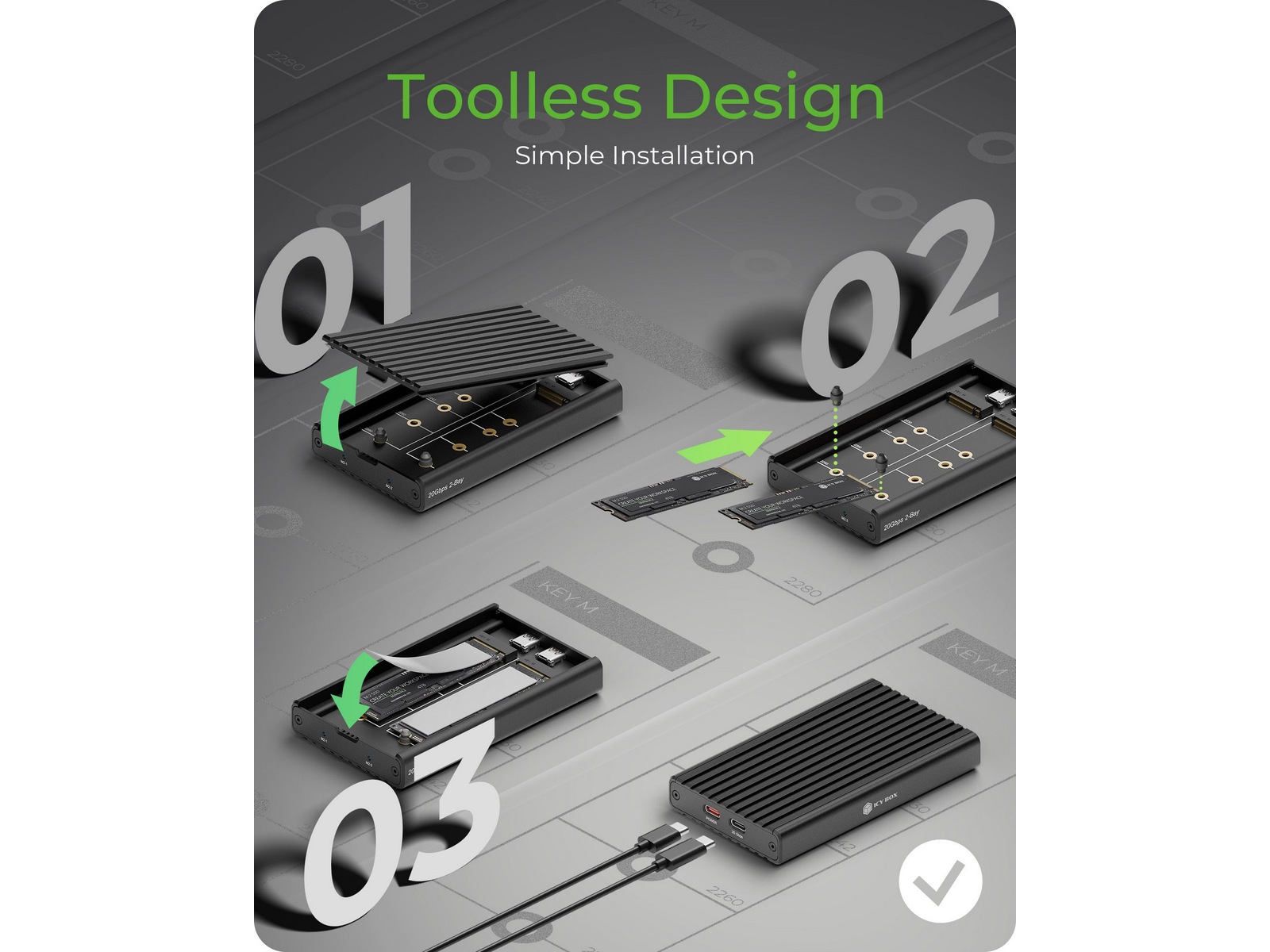 Icy Box 2 bay M.2 PCIe NVMe-kabinett Externa Chassi