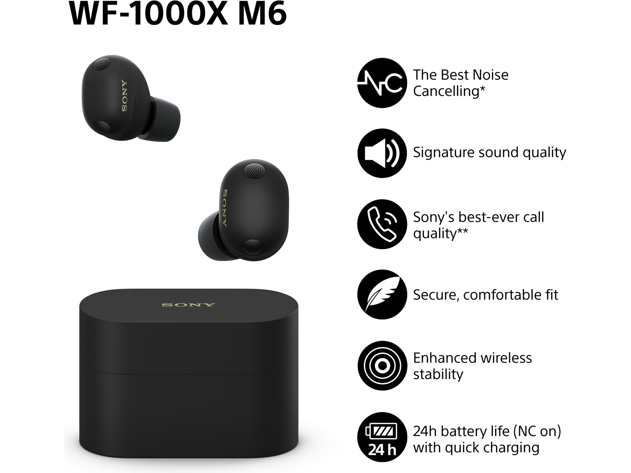 Sony WF-1000XM6 trådlösa öronproppar med brusreducering (svart) In-ear hörlurar