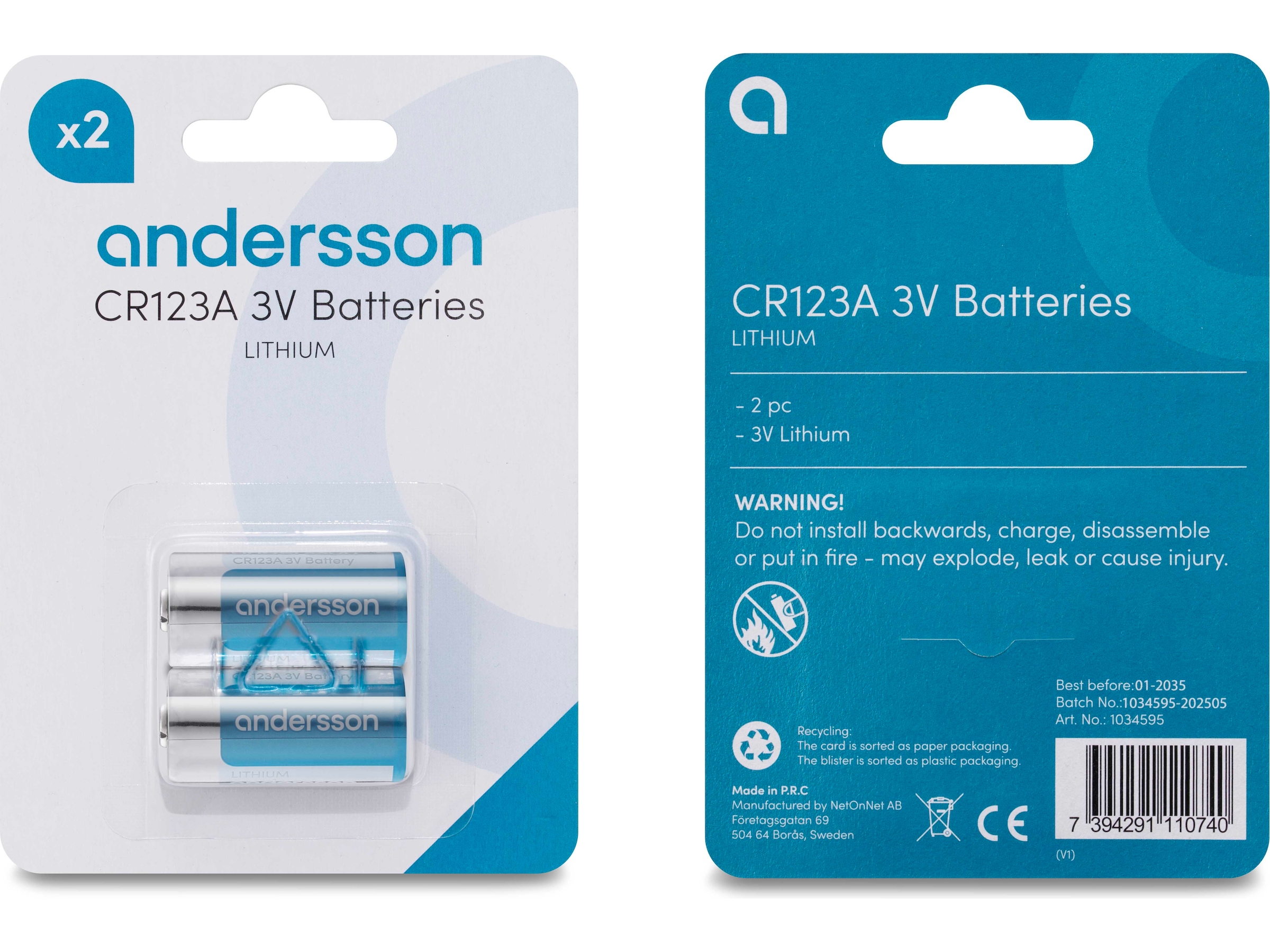 Andersson CR123A litiumbatteri 2-pack Batterier för allmänt bruk