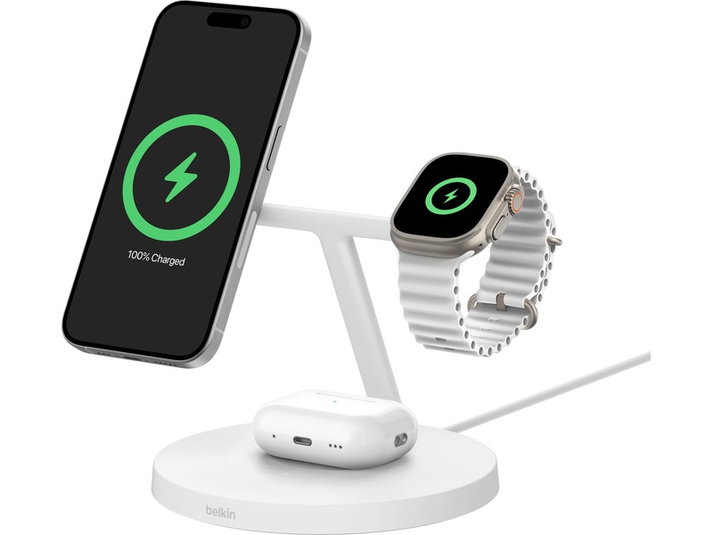 Belkin 3-i-1 Qi2 15W Ladestativ (vit) Trådlös laddare